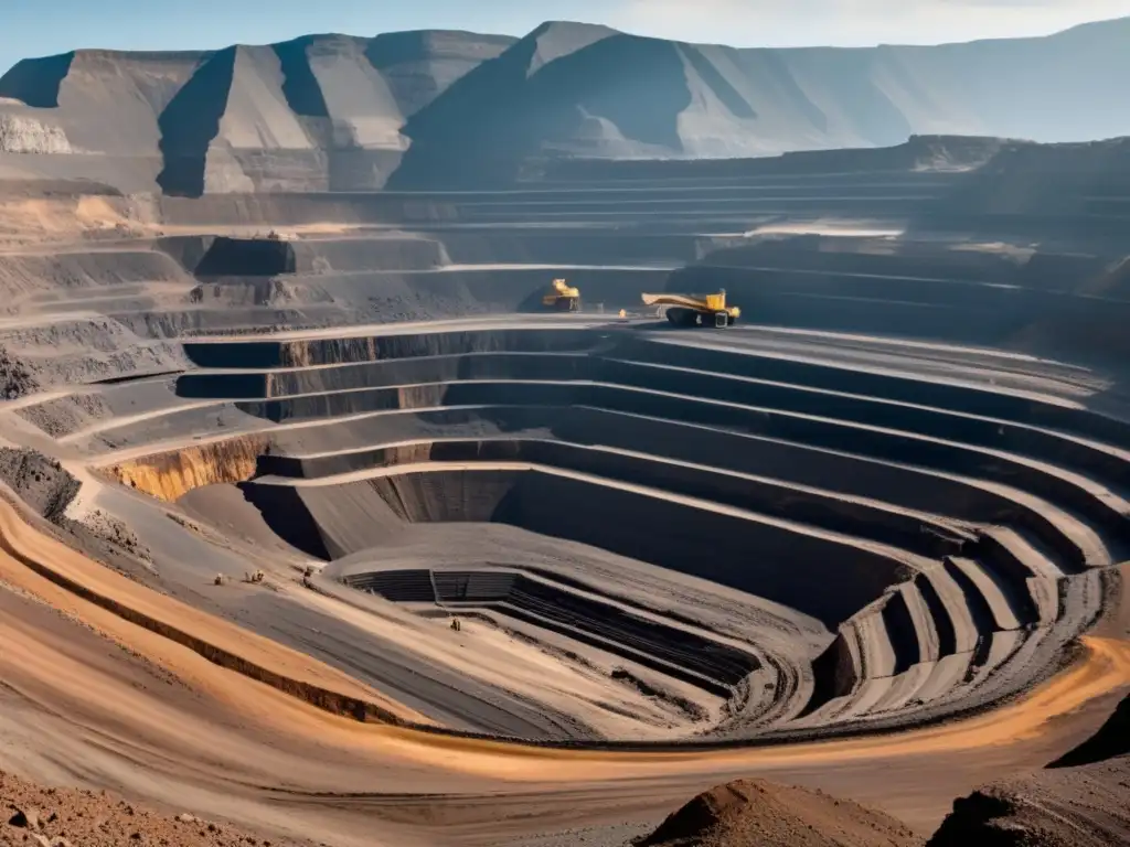 Desafíos sostenibles en minería América: vista panorámica de una mina a cielo abierto con maquinaria y trabajadores examinando muestras