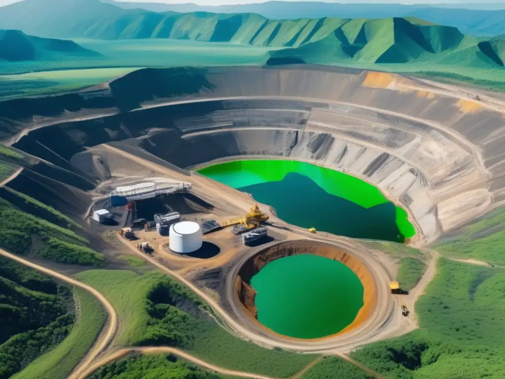 Tecnología sostenible para la minería: Mina impresionante rodeada de montañas y vegetación exuberante, con drones, escaneo láser y monitoreo ambiental