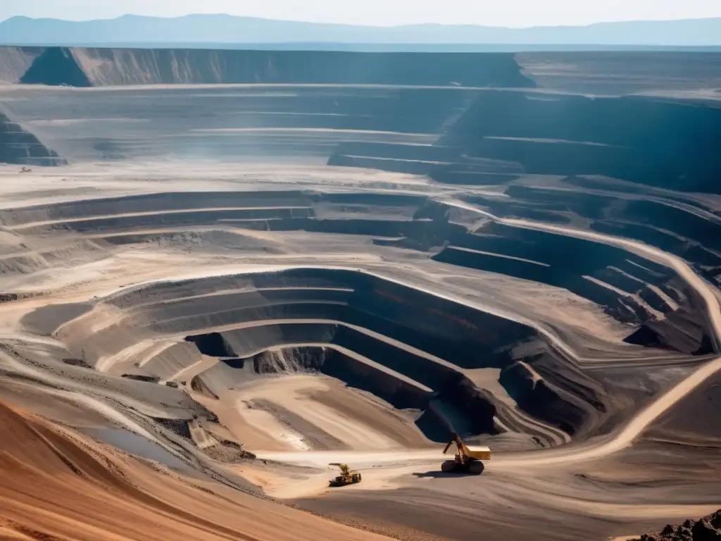 Impacto ambiental de minerales de conflicto en mina remota, maquinaria pesada devora tierra y contamina agua