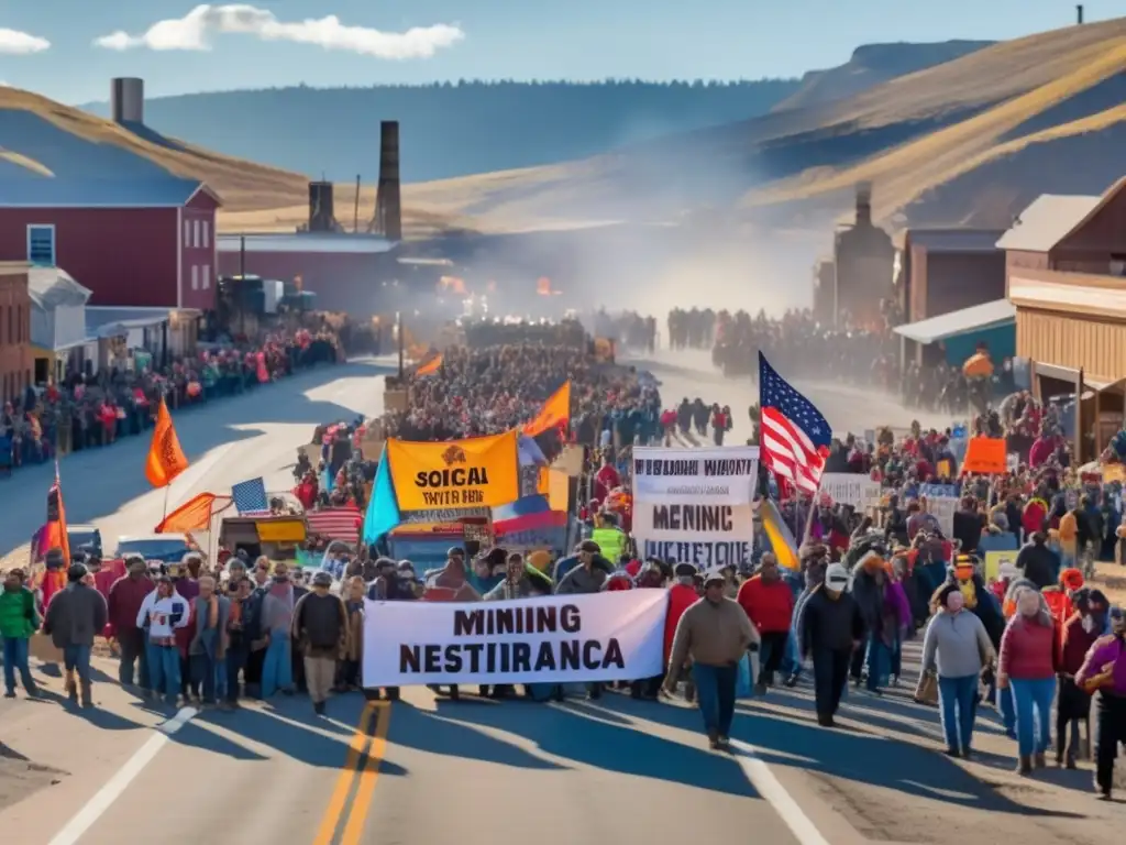 Impacto social de la minería en América: protesta vibrante con activistas apasionados y maquinaria minera