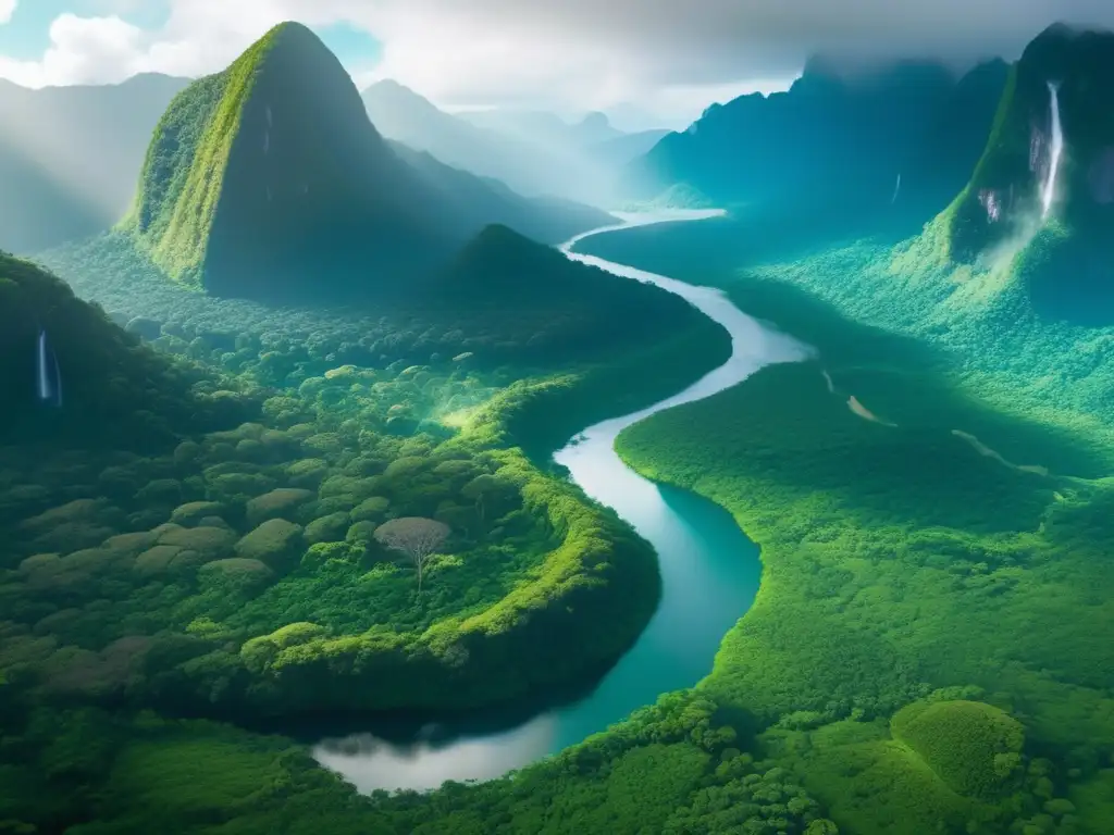 Vista aérea impresionante de una exuberante selva tropical rodeada de imponentes montañas