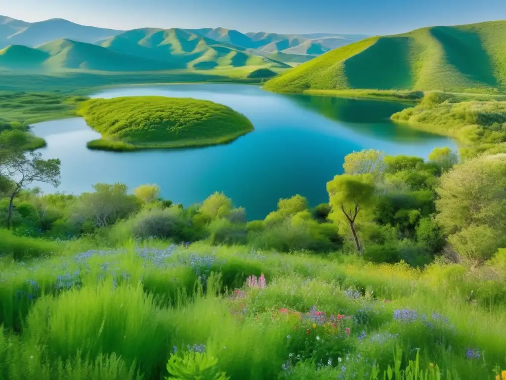 Técnicas sostenibles en minería: Paisaje rehabilitado tras actividad minera, con lago, vegetación exuberante y diversidad de especies