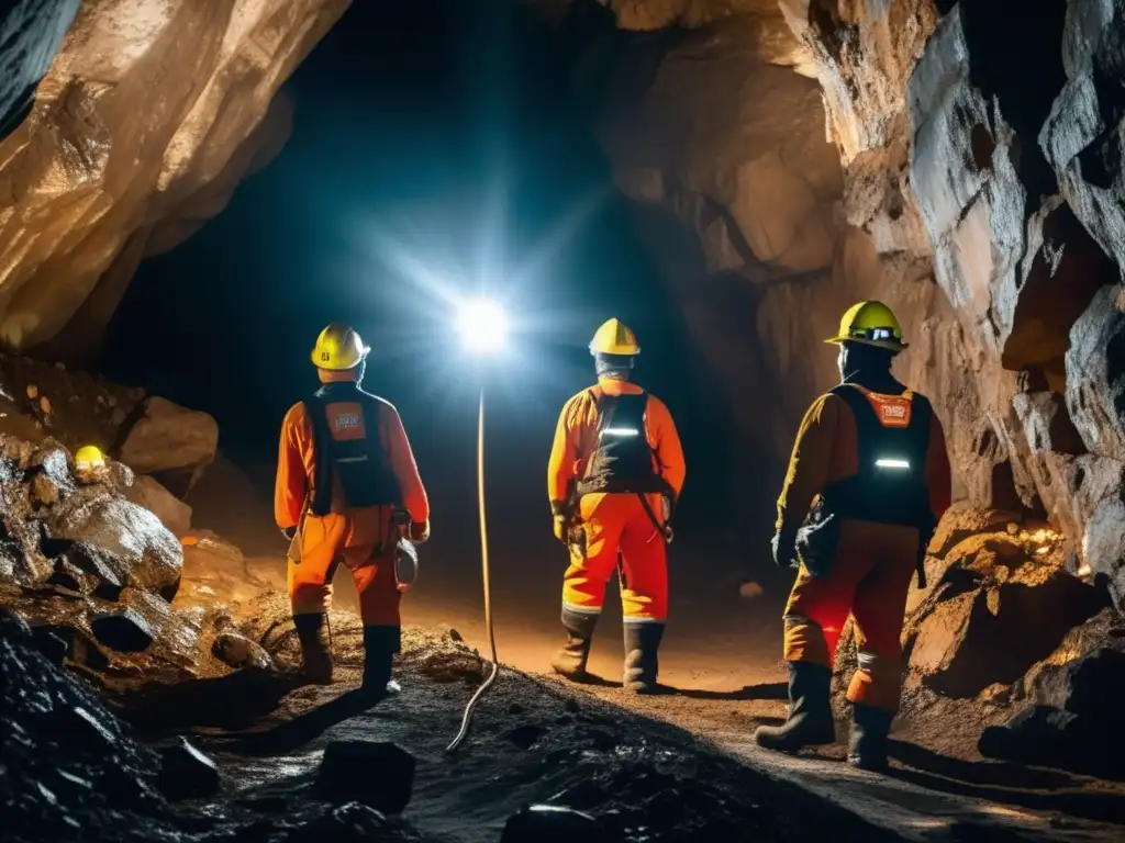 Rescate minero: Mineros trabajando juntos en operación de emergencia en mina oscura