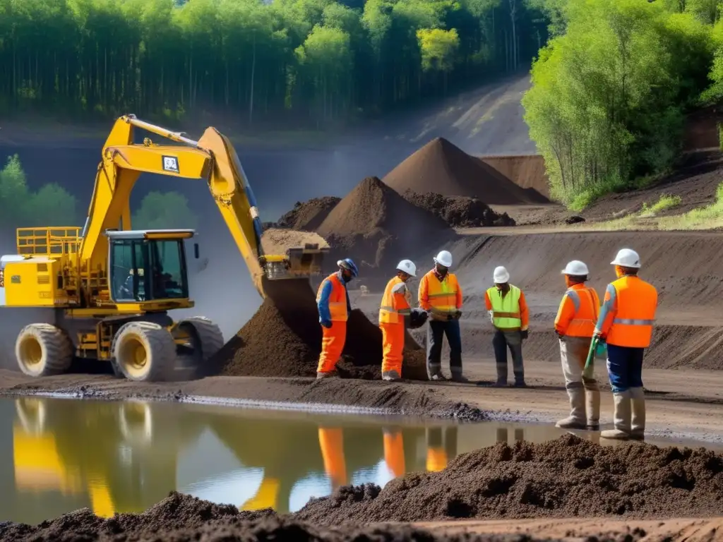 Restauración de ecosistemas mineros sostenibles: profesionales trabajando en remediación y revegetación de suelos contaminados