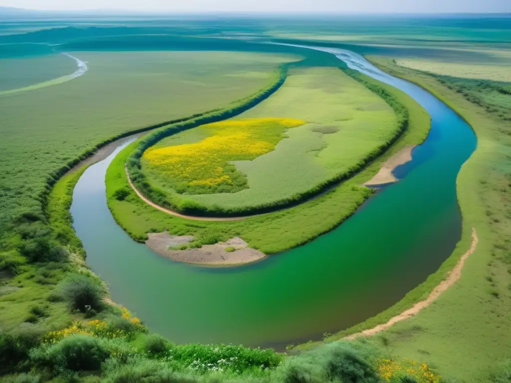 Importancia reciclaje minería responsable: área minera restaurada con éxito, flora exuberante, río, árboles altos, vida silvestre diversa