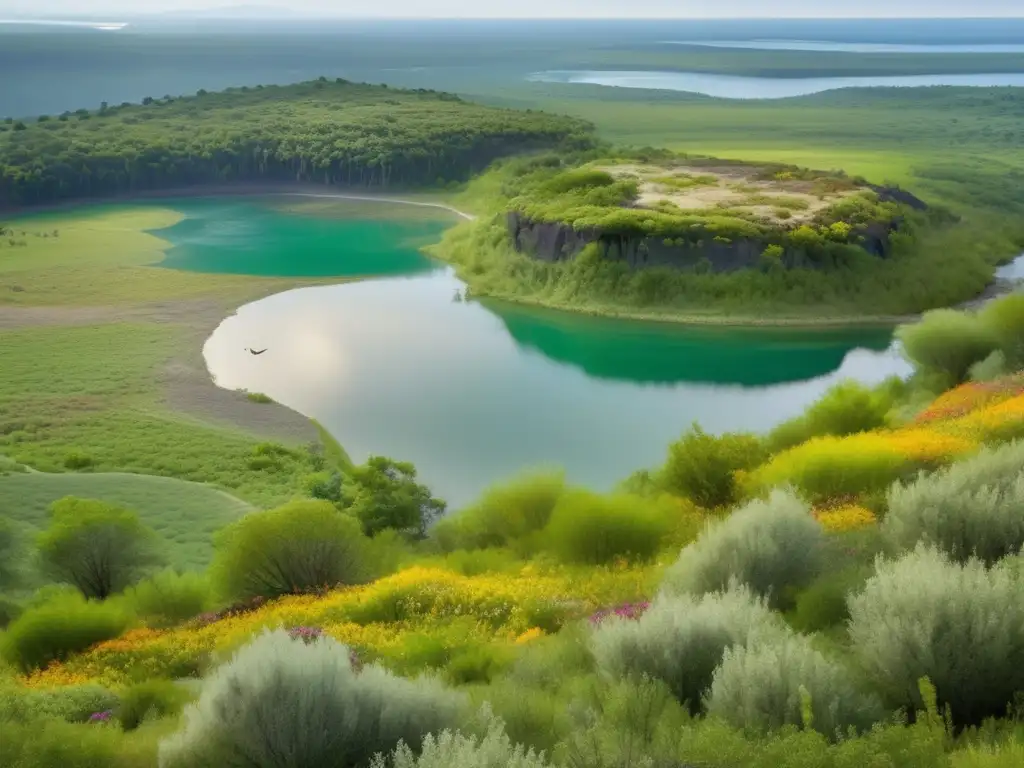 Estrategias mitigación impacto ambiental minería: Restauración exitosa de una mina, con vegetación exuberante, lago cristalino y aves