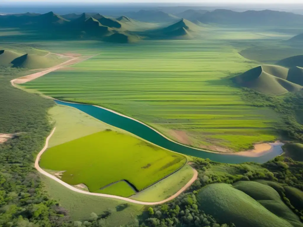 Impacto ambiental de la minería sostenible: paisaje transformado, naturaleza exuberante, río cristalino, montañas majestuosas