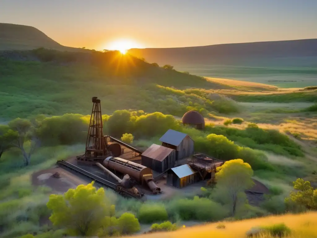 Minimizando impacto ambiental en minería: Escena impresionante muestra un sitio minero recuperado, bañado en la luz dorada de un atardecer