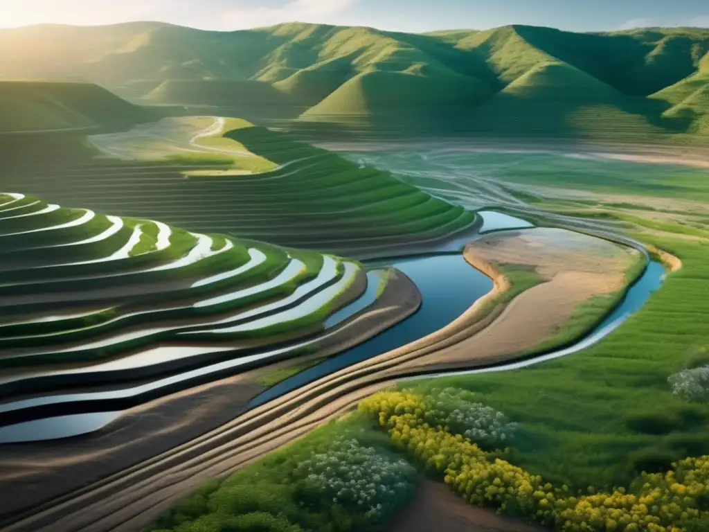 Restauración de ecosistemas mineros sostenibles en majestuoso paisaje; biodiversidad, agua, montañas y cielo azul