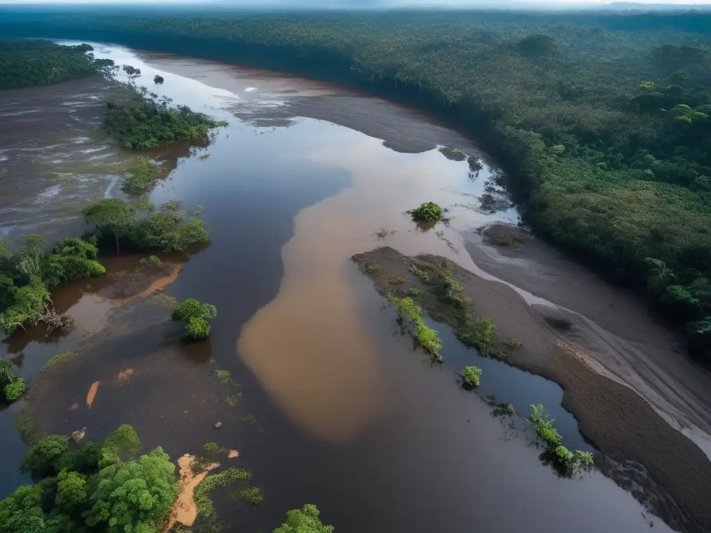 Impacto de la minería en la Amazonía: río contaminado con químicos tóxicos, vegetación marchita, pérdida de biodiversidad