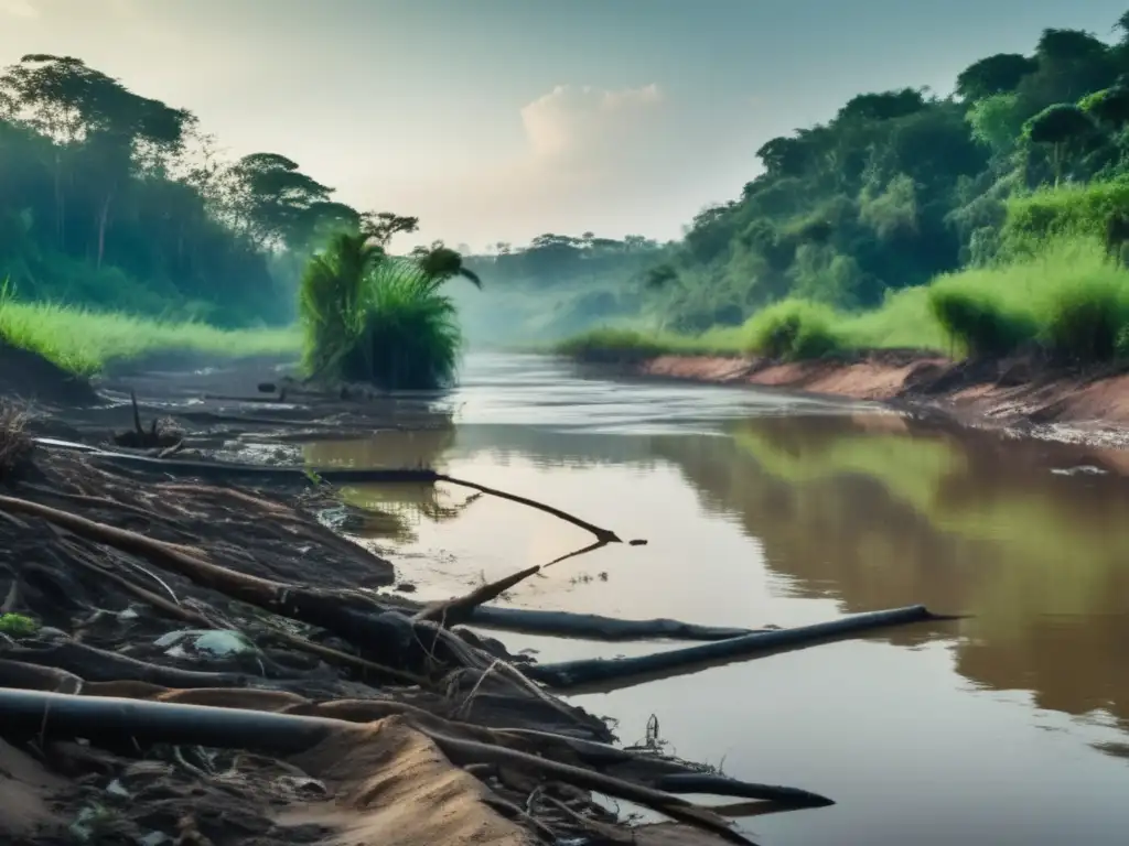 Impacto de la minería en el ciclo del agua: río contaminado, vida acuática afectada, destrucción y pérdida de biodiversidad