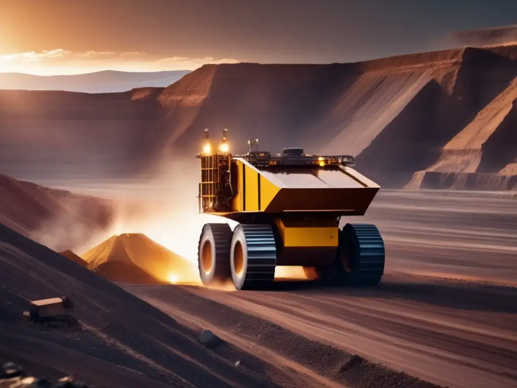 Robótica en minería sostenible: vehículo robótico extrayendo minerales con precisión en un entorno desafiante