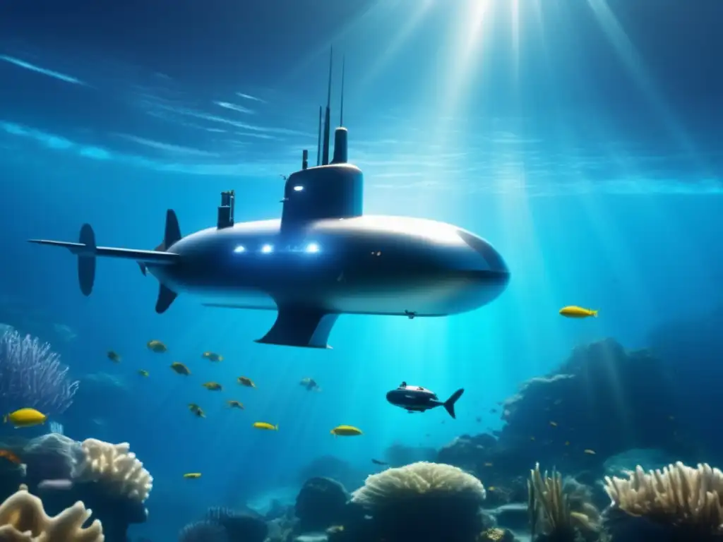 Desafíos de la minería submarina sostenible: un paisaje submarino iluminado, un submarino robótico y un equipo científico