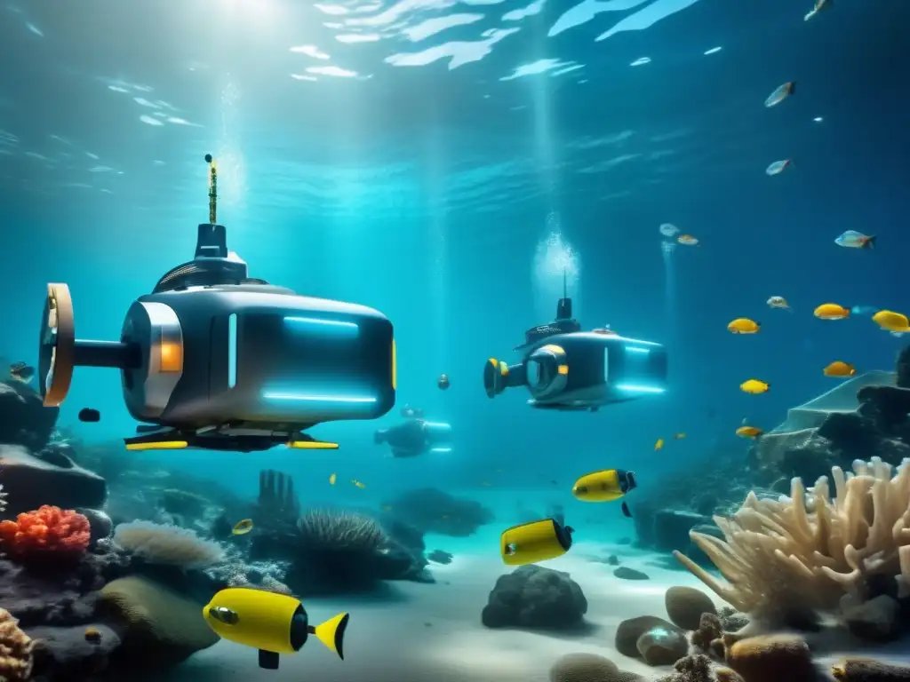Robots submarinos de última generación en exploración minera Robótica en exploración minera sostenible: robots futuristas en paisaje submarino con coral, vida marina y tecnología avanzada