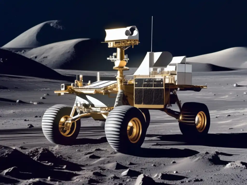 Minería sostenible en la Luna: rover lunar avanzando en terreno desafiante