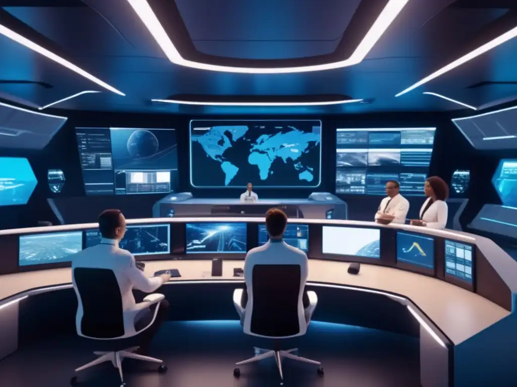 Control room futurista en agencia espacial: Tecnología avanzada, seguridad y salud ocupacional espacial