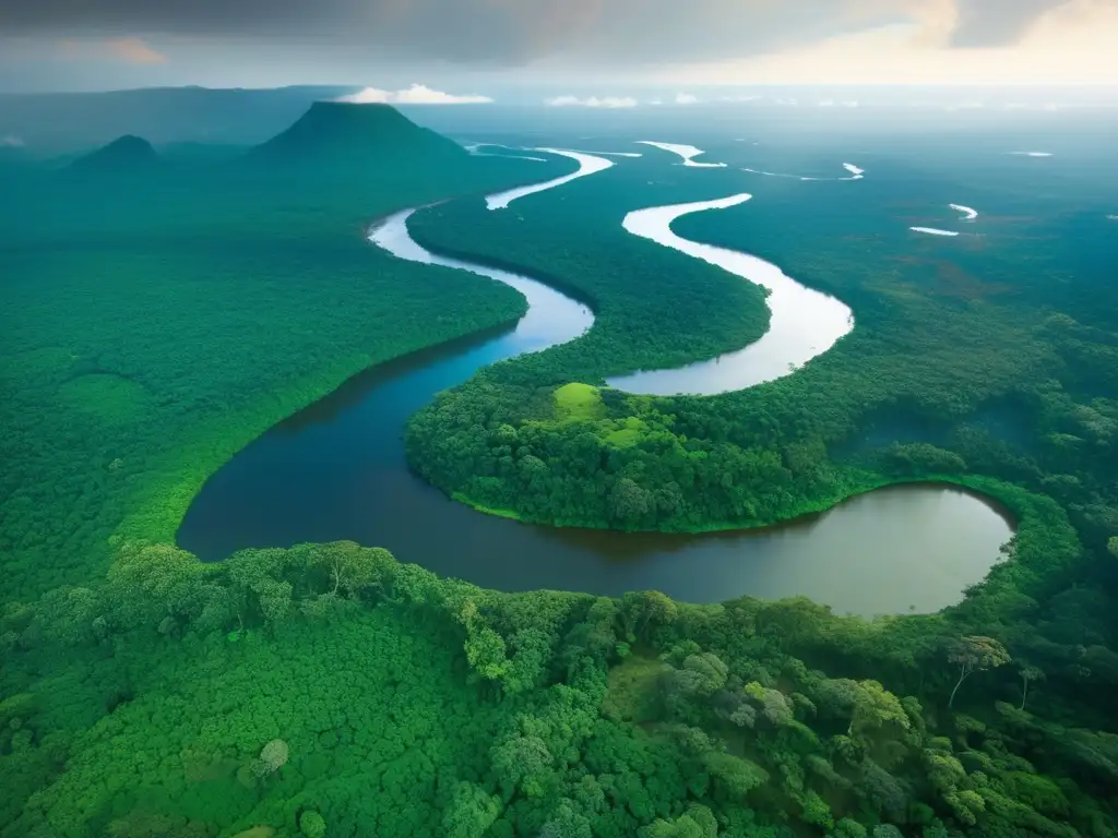 Impacto minería Amazonía: vasta expanse verde, río serpenteante, contraste belleza natural y actividad minera, ecología en riesgo