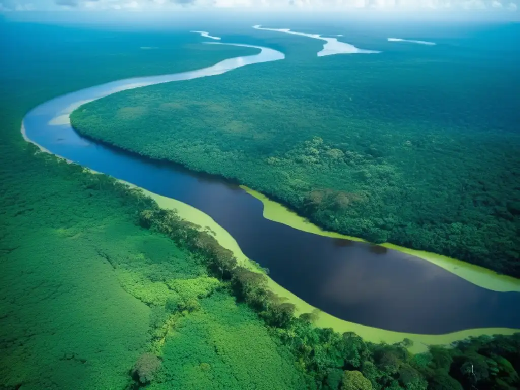 Impacto ambiental de la minería en la Amazonía: Exuberante y diversa selva amazónica, río serpenteante, aves y mariposas vibrantes