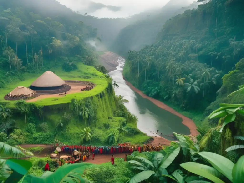 Impacto de la minería precolombina: Selva verde con río, indígenas, ruinas y mineros modernos