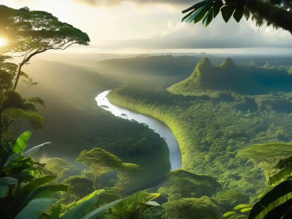 Vista panorámica de la exuberante selva amazónica, con río serpenteante y montañas majestuosas