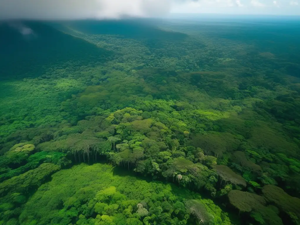 Vista aérea de la exuberante selva amazónica, con diversidad de especies y río serpenteante