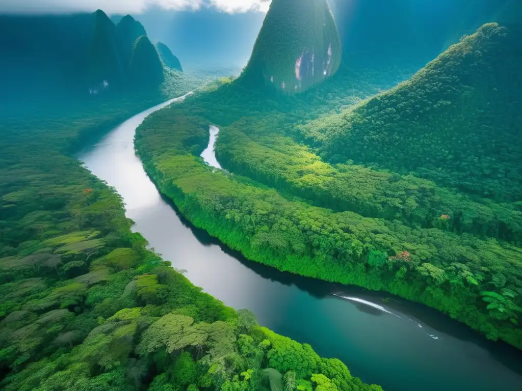 Vista aérea impresionante de una selva tropical intacta, rodeada de imponentes montañas