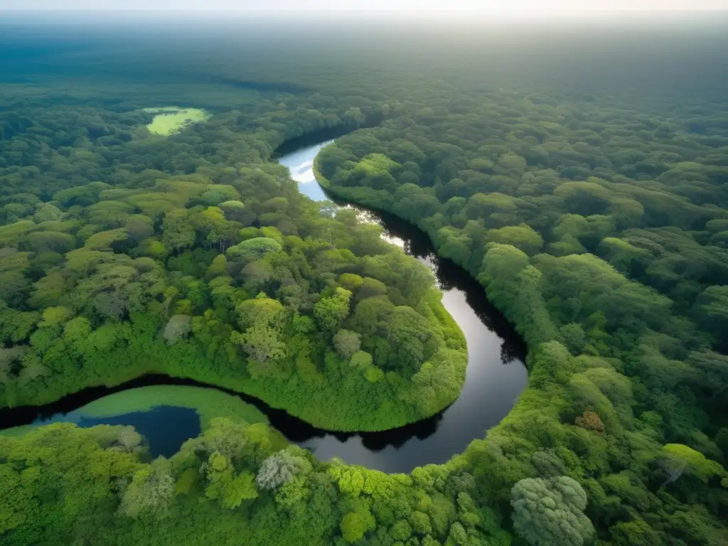 Vista aérea impresionante de un frondoso bosque verde, con diversa flora y un arroyo