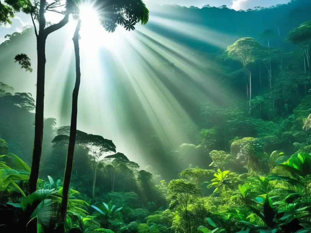 Impacto ambiental de la minería sostenible: Lush rainforest, diverse biodiversity, golden sunlight, crystal-clear stream