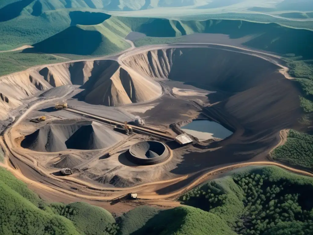 Cadena suministro minerales conflictivos, paisaje minero con maquinaria, impacto ambiental, belleza natural y degradación