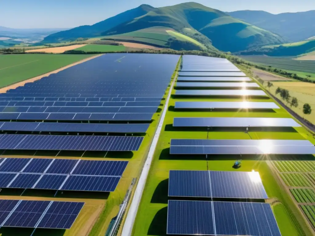 Panorama de granja solar: ingenieros trabajando en instalación de paneles sostenibles