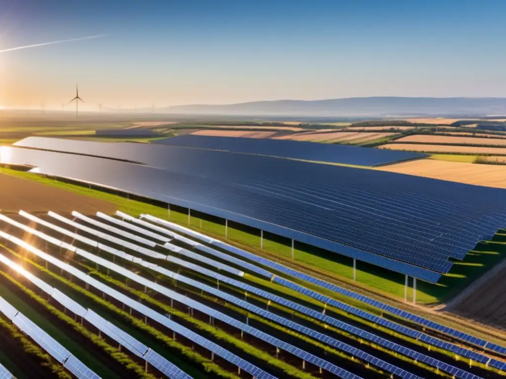 Fotorealista solar farm con paneles solares simétricos, turbinas eólicas y paisaje verde