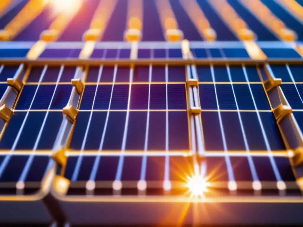 Beneficios de la minería sostenible: Detalles impresionantes de un panel solar con células fotovoltaicas convertidoras de luz en electricidad