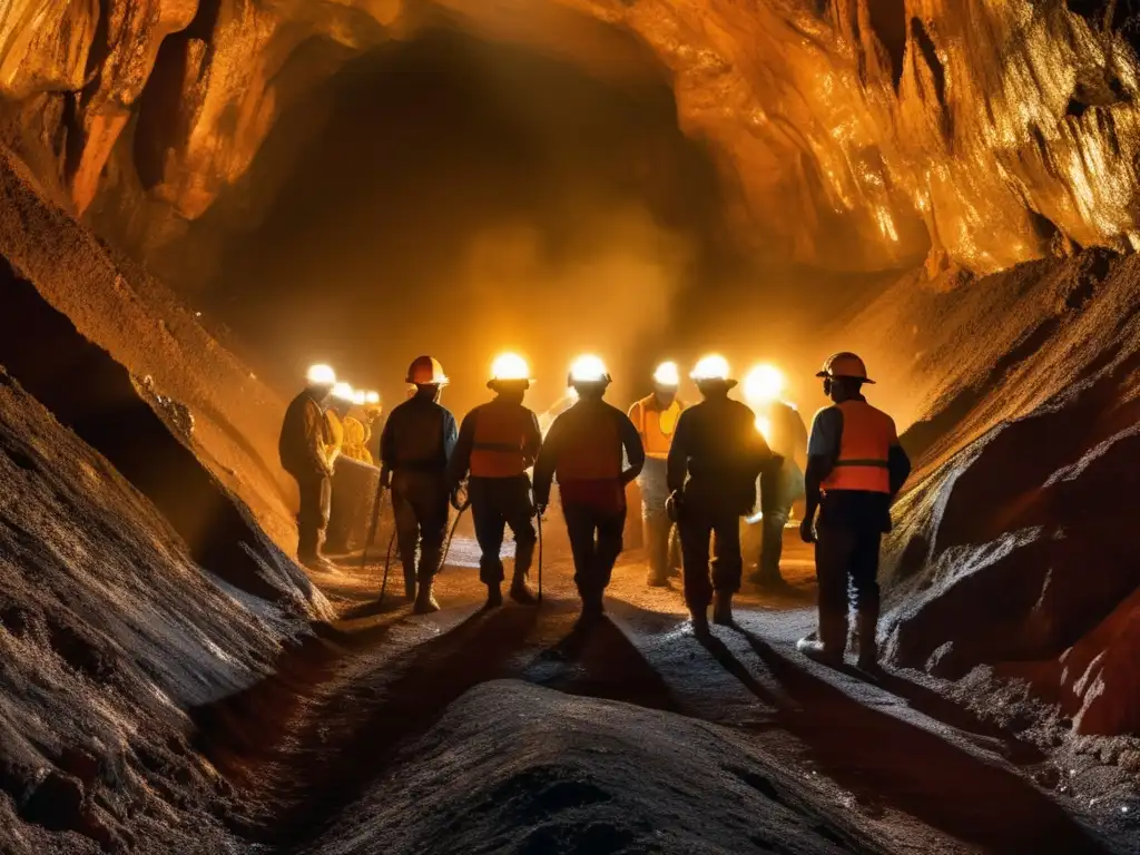 Técnicas sostenibles en minería: Mineros profesionales trabajando en equipo en una mina subterránea, priorizando seguridad y sustentabilidad