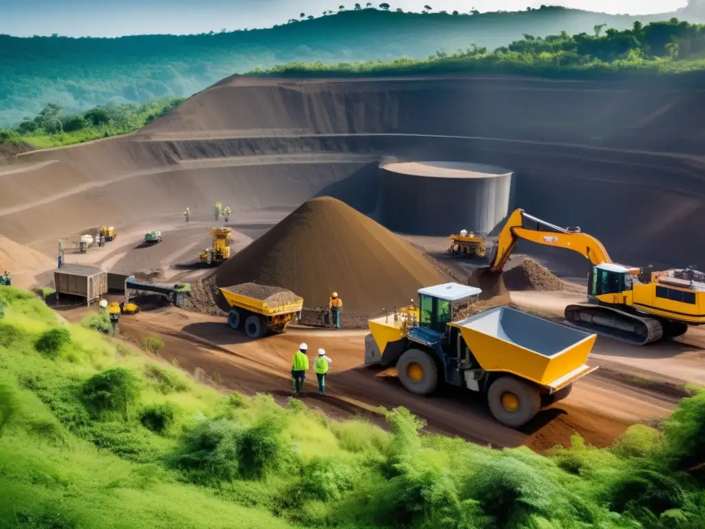 Minería sostenible y conservación Mineria sostenible y recursos naturales: vista panoramica de un sitio minero rodeado de vegetacion, operaciones limpias y eficientes, reciclaje de materiales y reduccion del impacto ambiental