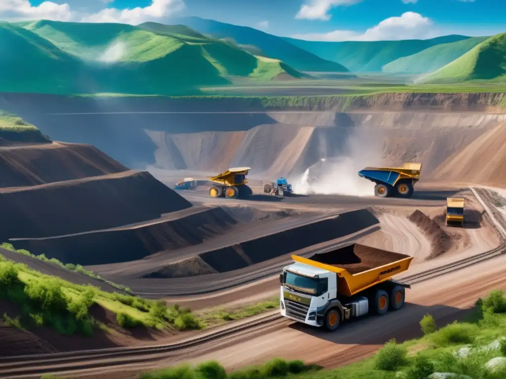Minería sostenible en paisaje montañoso Gestión ética para minería sostenible: Mina abierta con montañas verdes y maquinaria, mineros siguiendo estándares internacionales, imagen 8k