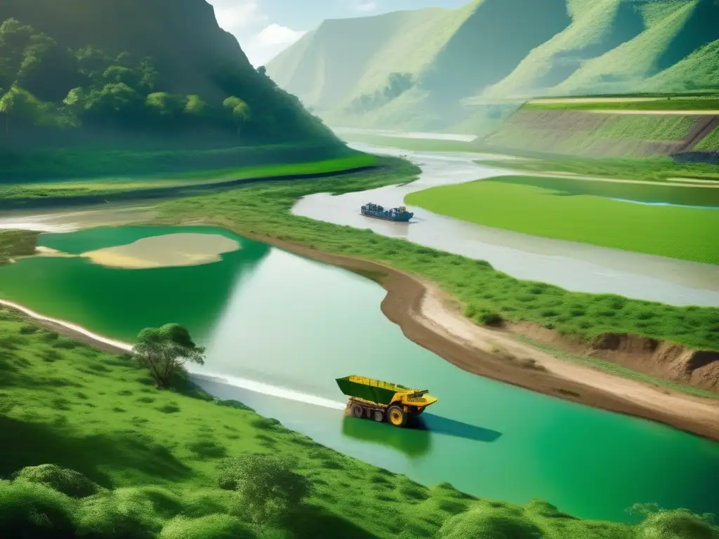 Paisaje verde con río cristalino y minería sostenible, iniciativas globales transformando industria minera