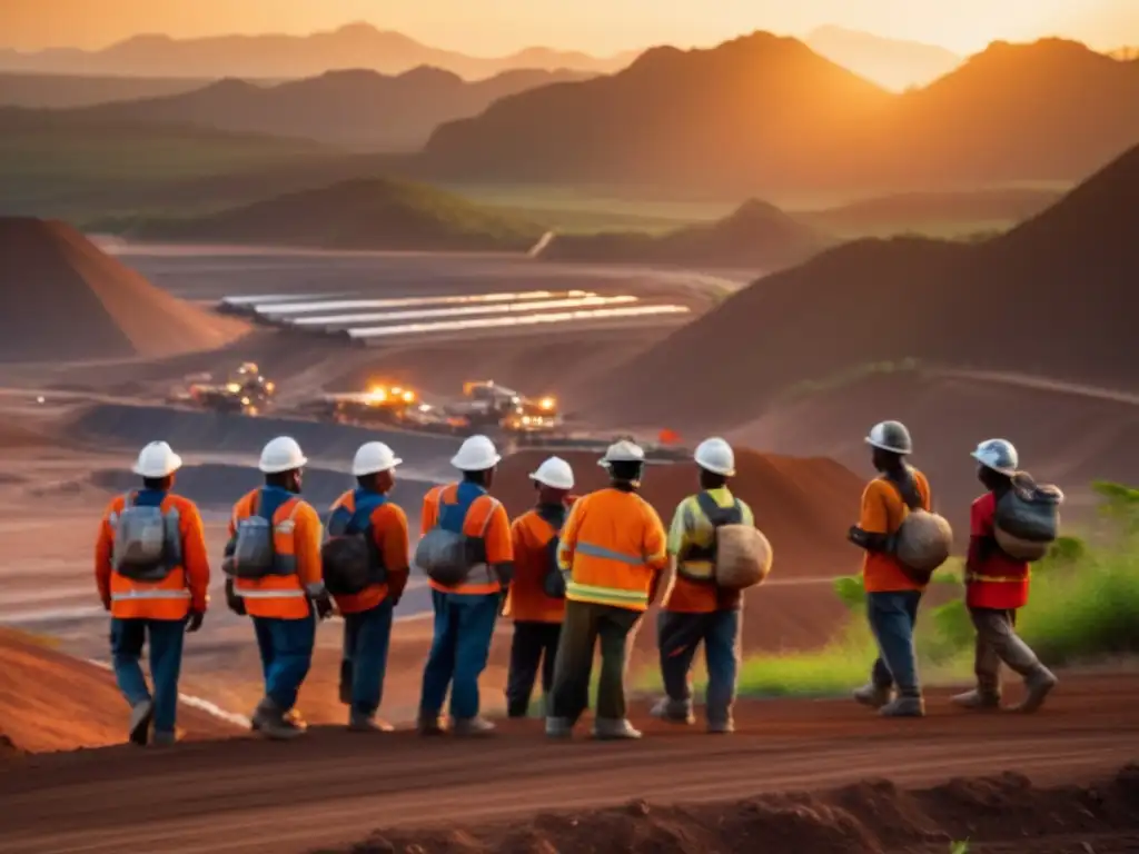 Técnicas sostenibles en minería: paisaje minero abierto al atardecer, mineros usando equipos ecoamigables, montañas y vegetación exuberante