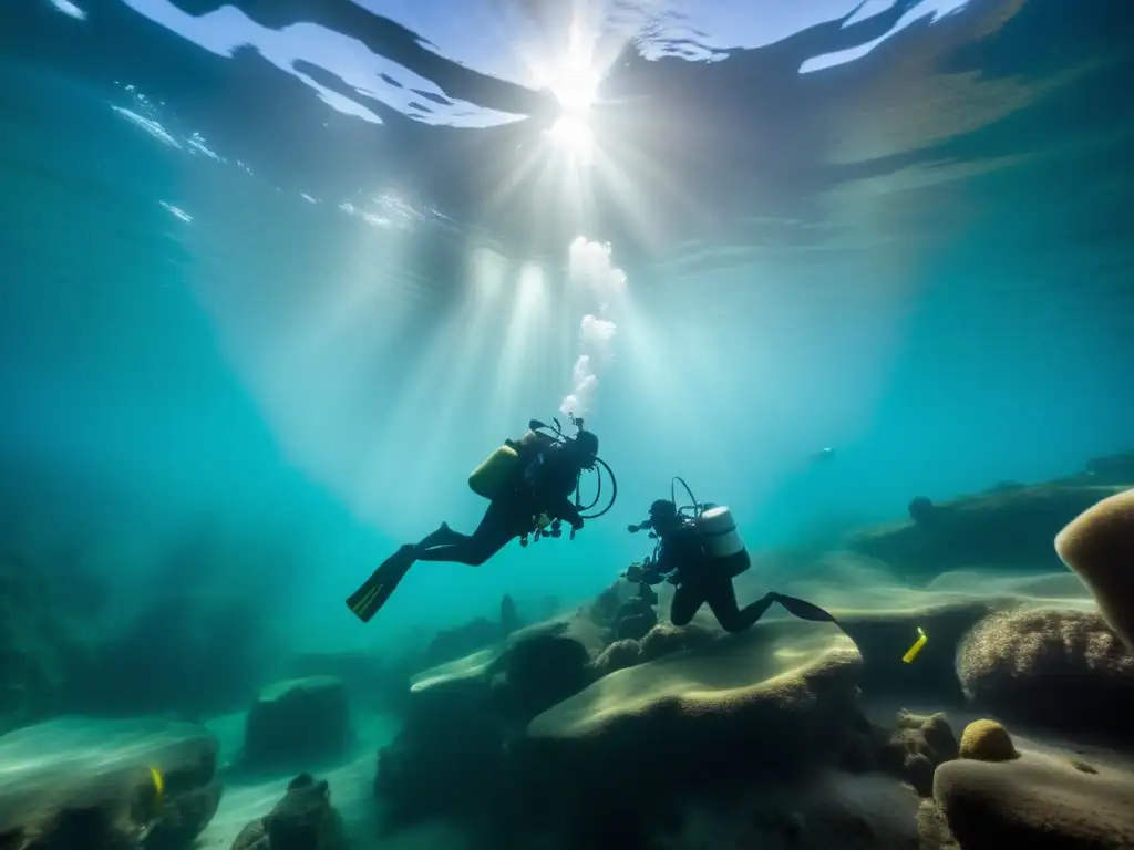 Minería sostenible en el fondo marino: equipo de buceadores extrayendo minerales bajo el agua en un entorno marino vibrante y equilibrado