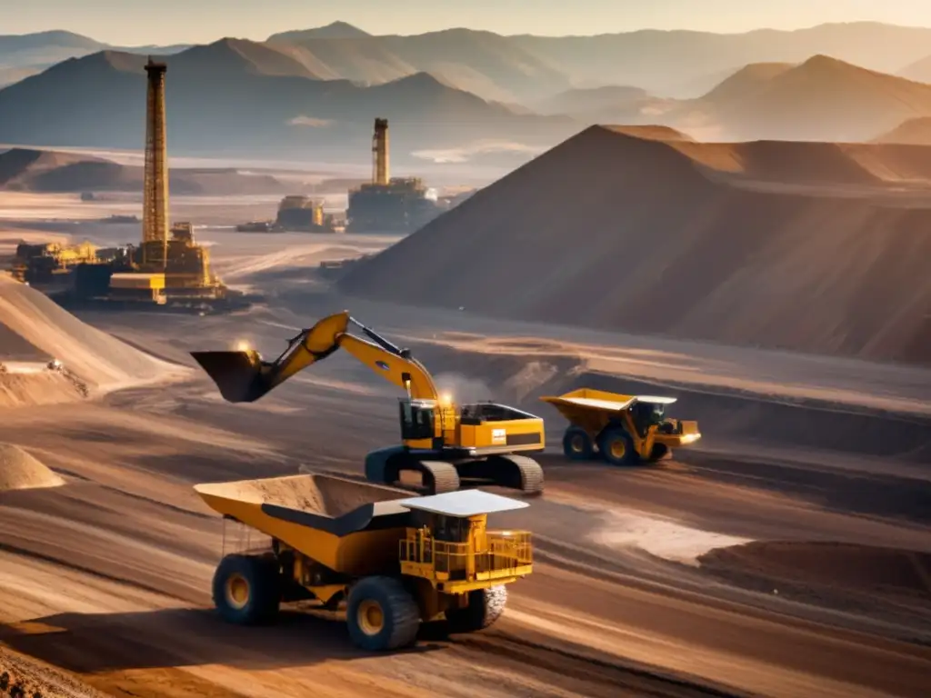 Gestión sostenible en minería América: Openpit mine con montañas, maquinaria y mineros trabajando juntos en un entorno armonioso y transparente