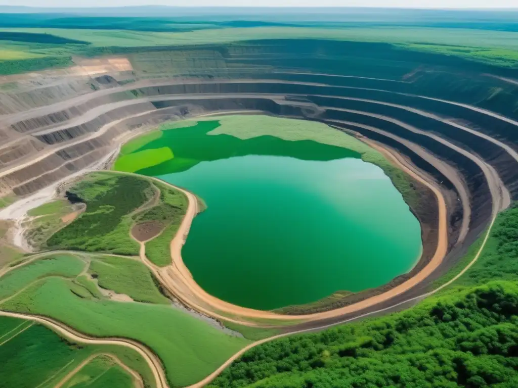 Cambios positivos en la minería sostenible en América, imagen de mina abierta con tecnologías limpias y paisajes verdes