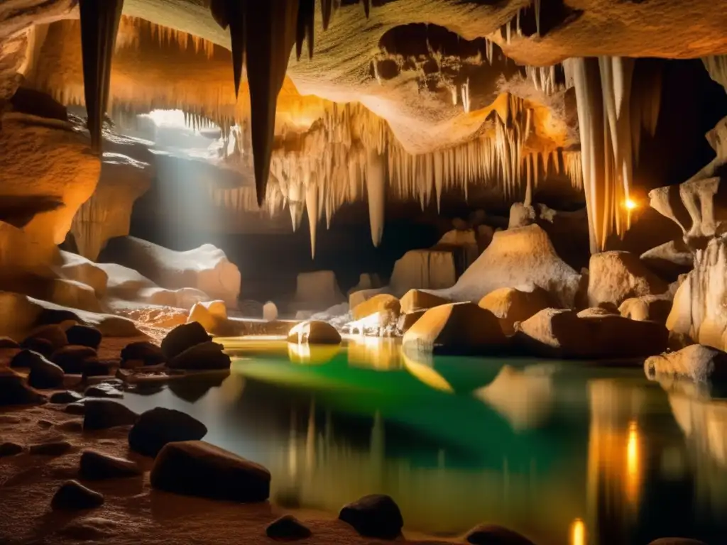 Impacto de la legislación ambiental en la minería sostenible: Cueva subterránea con estalactitas y estalagmitas, iluminada por luz etérea