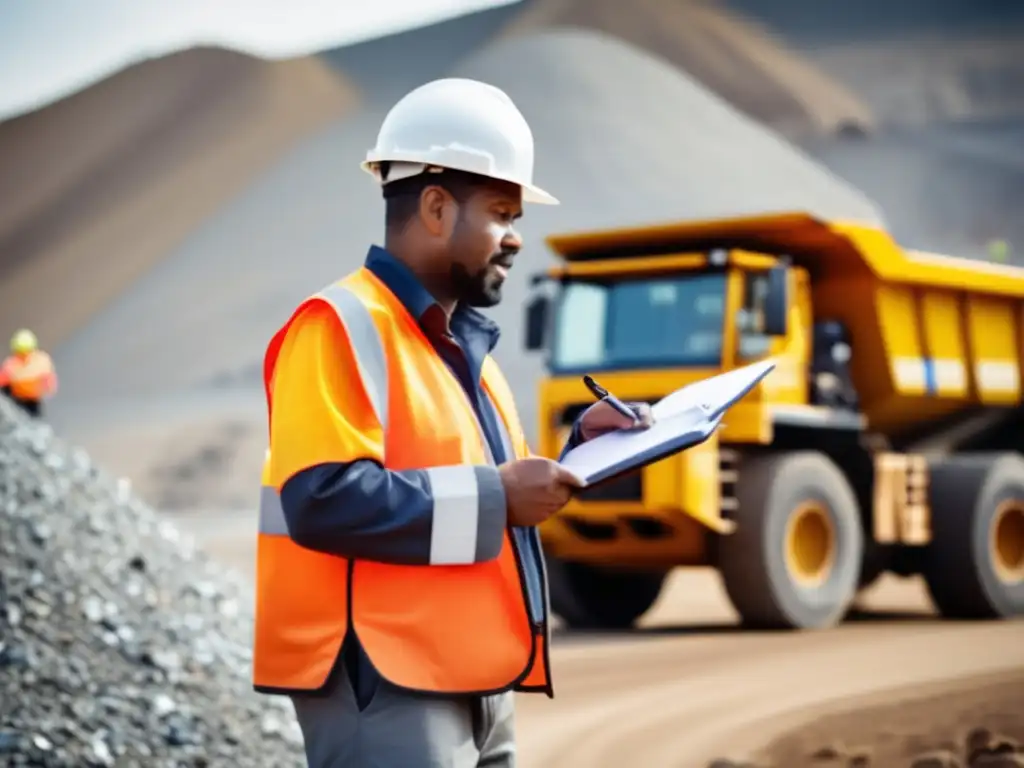 Trabajador minero con equipamiento de seguridad y camión minero cargado de minerales, destacando beneficios económicos de regulaciones mineras