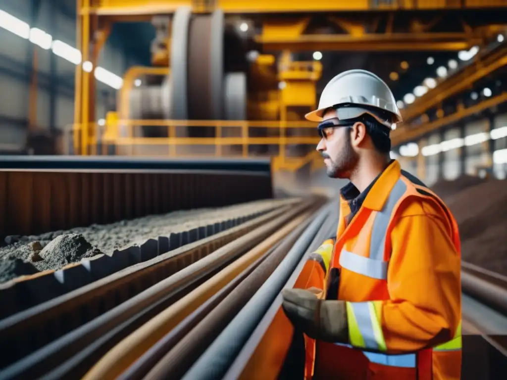 Trabajador en mina con maquinaria y minerales - Minerales sostenibles para tecnología