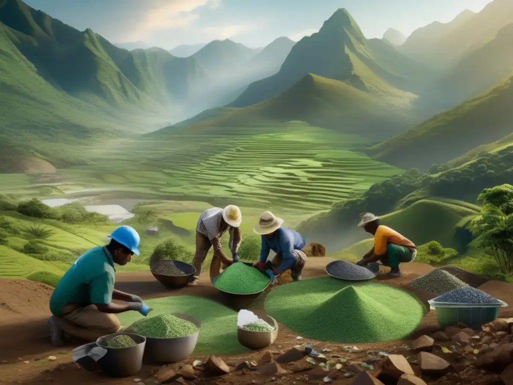 Paisaje impresionante destaca trabajadores reciclando minerales raros para un futuro más sostenible