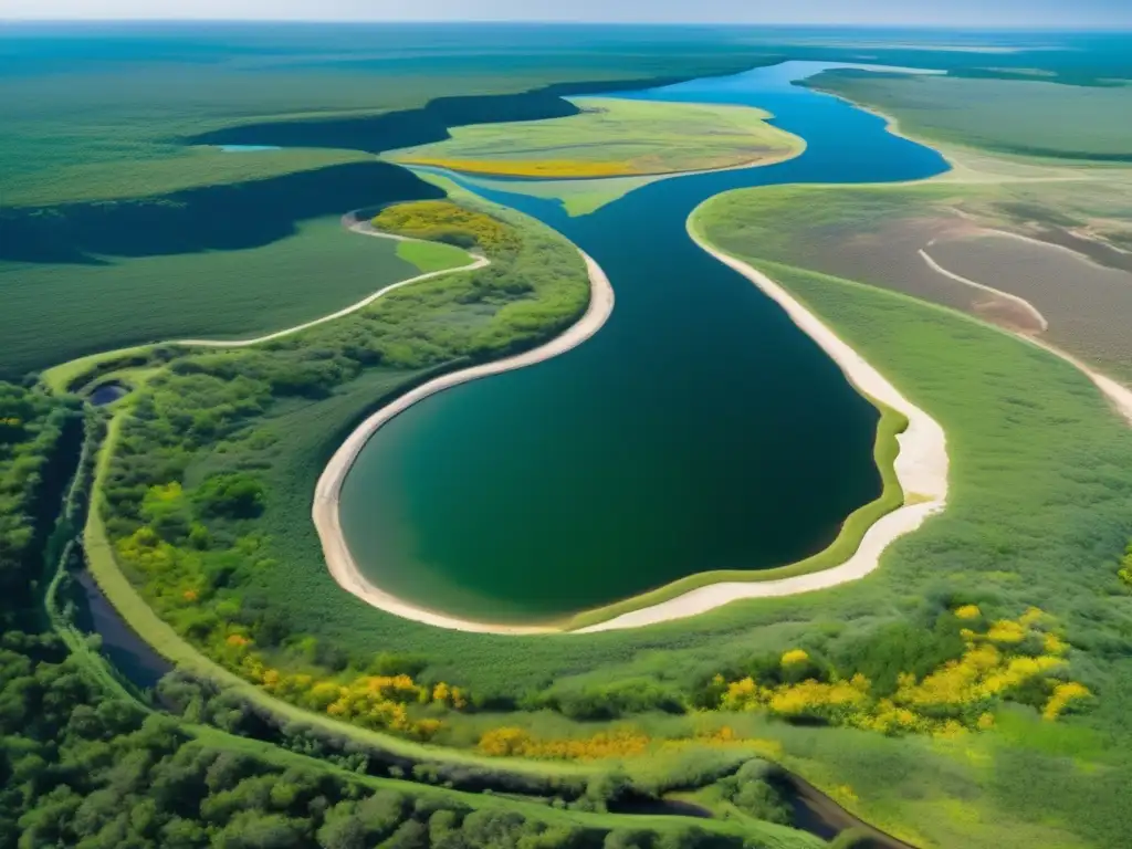 Restauración ecosistemas mineros sostenibles: vista aérea impresionante de transformación de paisaje minero a biodiversidad