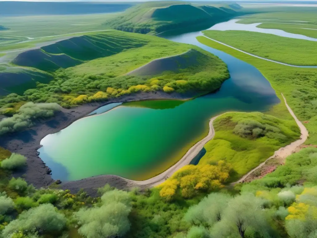 Impacto ambiental de la minería: paisaje recuperado y sostenible con flora nativa, río cristalino y energía renovable