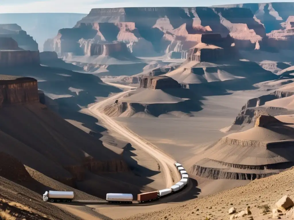 Cadena suministro minerales conflictivos: paisaje montañoso, camiones pesados transportan minerales, ambientación tensa y urgente