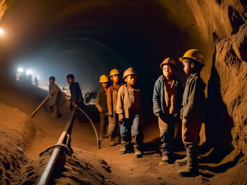 Impacto social de la minería en niños trabajadores: túnel oscuro, niños agotados, herramientas mineras, condiciones duras, legislación y apoyo urgente