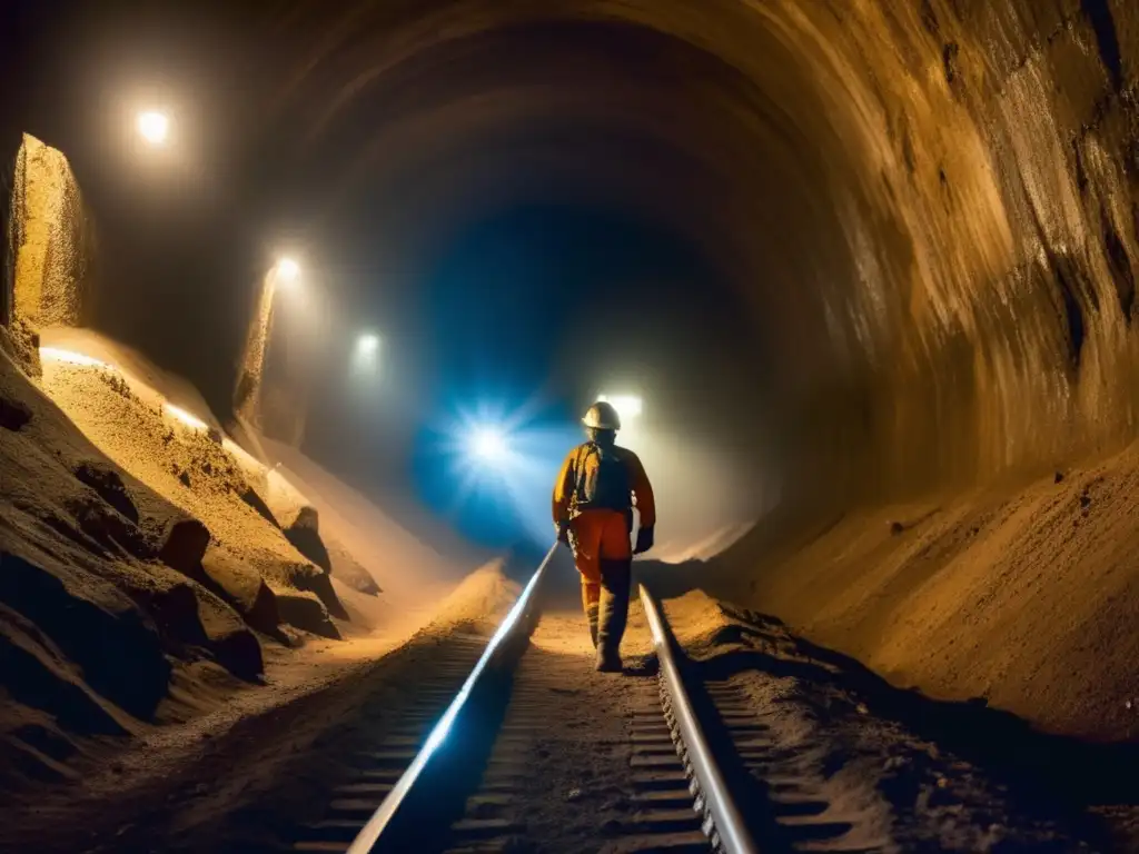 Minero en túnel oscuro, resaltando la importancia de la seguridad Desafíos de seguridad en minería profunda: túnel oscuro, rocas rugosas, luz del casco, humedad, calor y riesgos