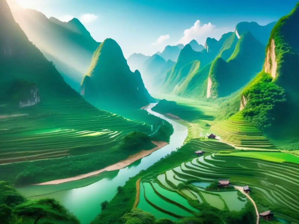 Paisaje de valle verde en China con montañas, río y mineros de jade - Gestión sostenible de yacimientos de jade en China